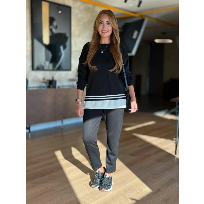 Kadın Uzun Kollu Bisiklet Yaka Ribana Detay weat Ve Pantolon Ikili Takım