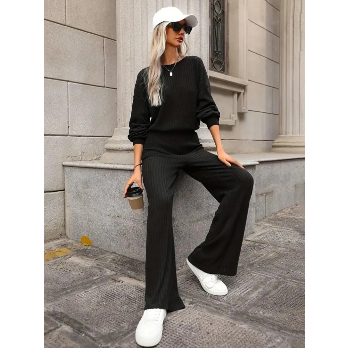 Kadın Uzun Kollu Bisiklet Yaka şardonlu Dalgıç Bluz Ve Pantolon Ikili Takım