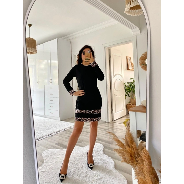 Kadın Uzun Kollu Bisiklet Yaka şerit Leopar Desenli Kısa Dalgıç Elbise