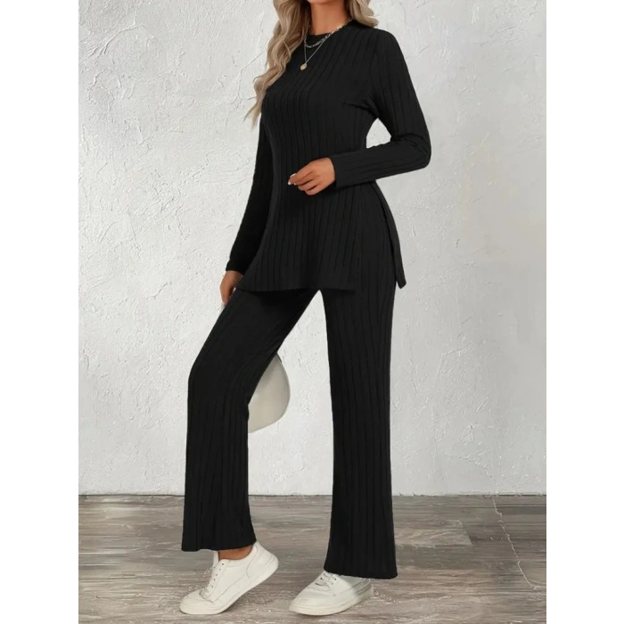 Kadın Uzun Kollu Bisiklet Yaka Yandan Yırtmaçlı şardonlu Kaşkorse Bluz Ve Pantolon Ikili Takım