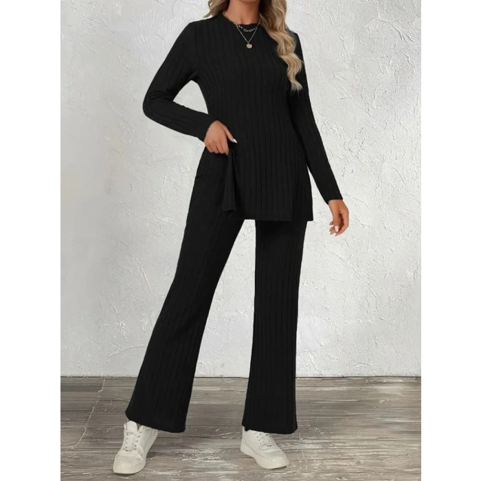 Kadın Uzun Kollu Bisiklet Yaka Yandan Yırtmaçlı şardonlu Kaşkorse Bluz Ve Pantolon Ikili Takım