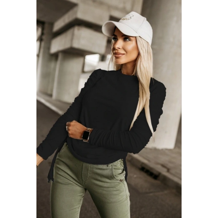 Kadın Uzun Kollu Bisiklet Yaka Yanları Ve Kolları Büzgülü Kadife Bluz