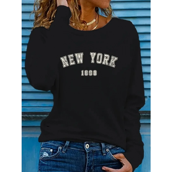 Kadın Uzun Kollu Bisiklet Yaka Yazı Baskılı Viskon Bluz