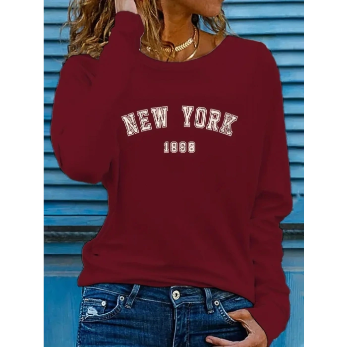 Kadın Uzun Kollu Bisiklet Yaka Yazı Baskılı Viskon Bluz