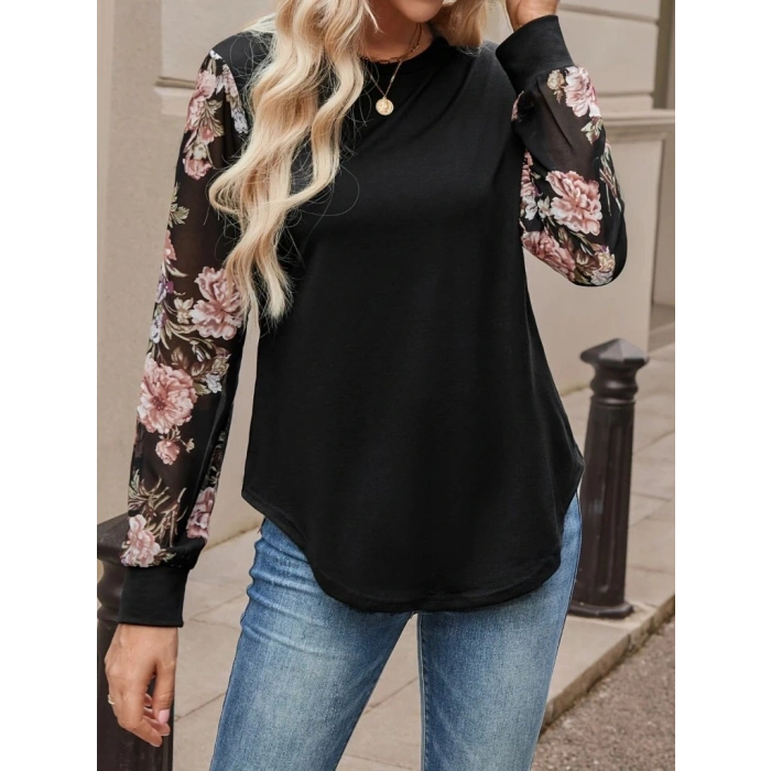 Kadın Uzun Kollu Bisiklet Yakalı Kolun çiçek Desenli Viskon Iki Iplik Bluz