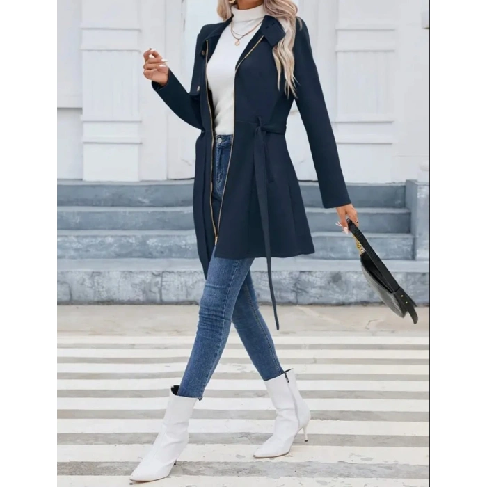 Kadın Uzun Kollu Boyundan Düğmeli Fermuarlı Beli Kuşaklı Süet Ceket