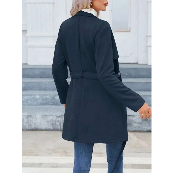 Kadın Uzun Kollu Boyundan Düğmeli Fermuarlı Beli Kuşaklı Süet Ceket