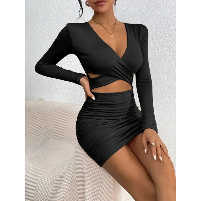 Kadın Uzun Kollu çapraz Dekolte Detaylı Mini Sandy Elbise