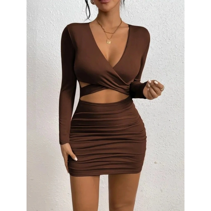 Kadın Uzun Kollu çapraz Dekolte Detaylı Mini Sandy Elbise