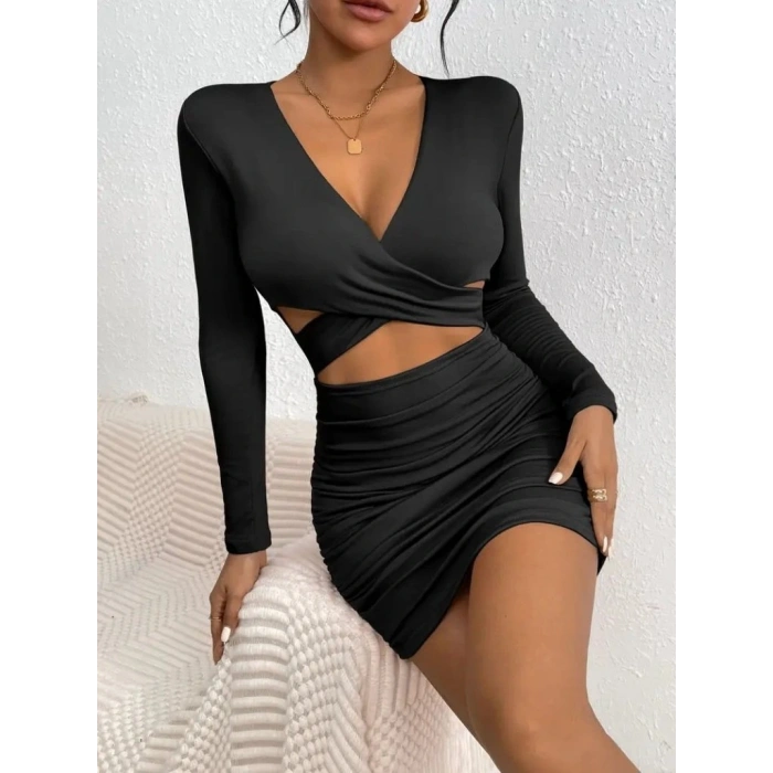 Kadın Uzun Kollu çapraz Dekolte Detaylı Mini Sandy Elbise