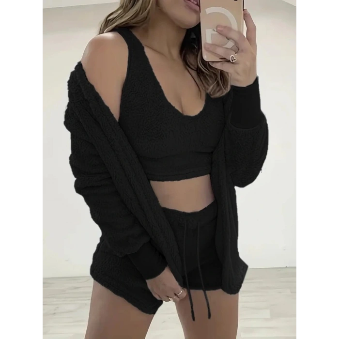 Kadın Uzun Kollu Ceket, Askılı Peluş Bluz Ve şort üçlü Takım