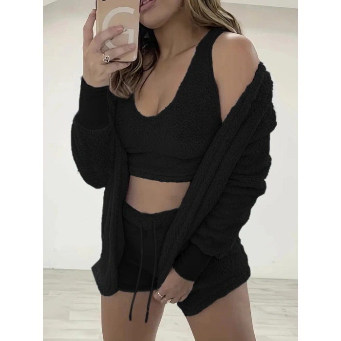 Kadın Uzun Kollu Ceket, Askılı Peluş Bluz Ve şort üçlü Takım