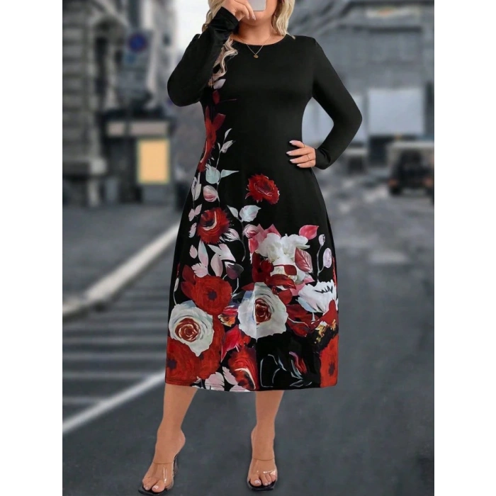 Kadın Uzun Kollu çiçek Baskılı Midi Mikro Elbise