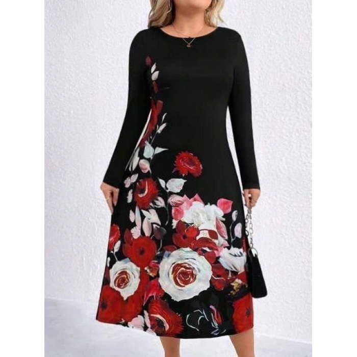 Kadın Uzun Kollu çiçek Baskılı Midi Mikro Elbise