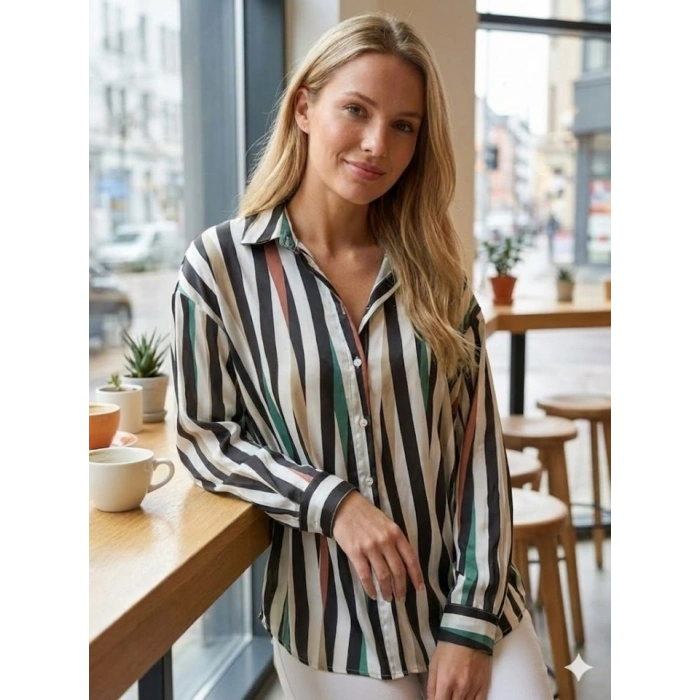 Kadın Uzun Kollu Dalgalı Desen Baskılı Gömlek