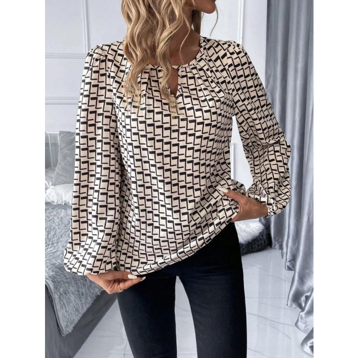 Kadın Uzun Kollu Damla Detaylı Yaka Desenli Süprem Bluz