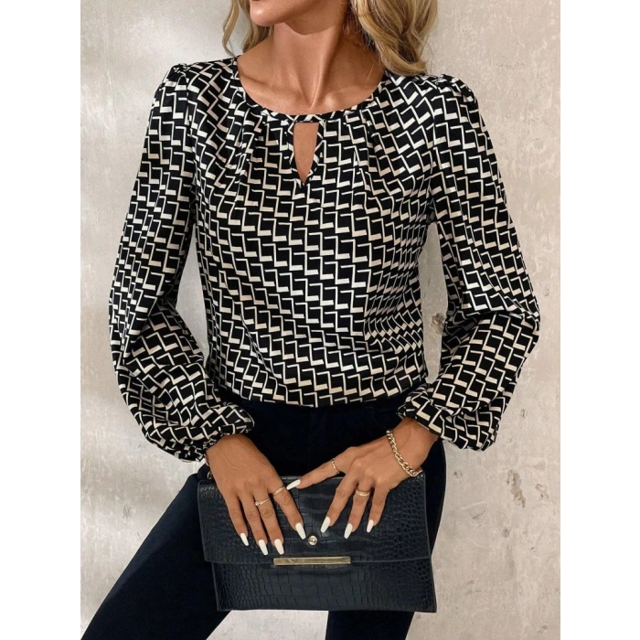 Kadın Uzun Kollu Damla Detaylı Yaka Desenli Süprem Bluz
