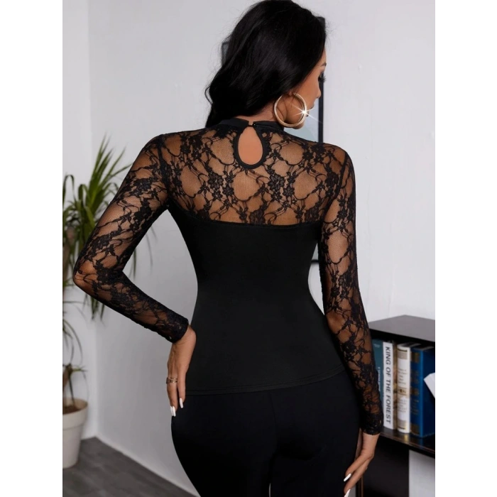 Kadın Uzun Kollu Dantel Detaylı Viskon Bluz