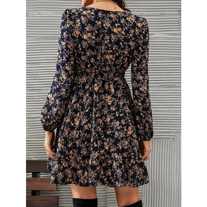 Kadın Uzun Kollu Dantel V Yakalı Mini Desenli Süprem Elbise