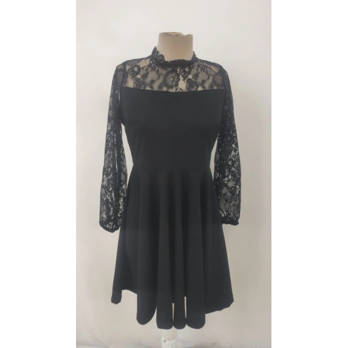 Kadın Uzun Kollu Dantelli Kloş Mini Ithal Krep Elbise