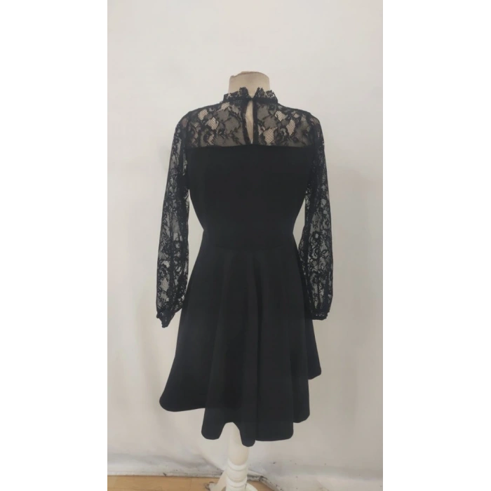 Kadın Uzun Kollu Dantelli Kloş Mini Ithal Krep Elbise