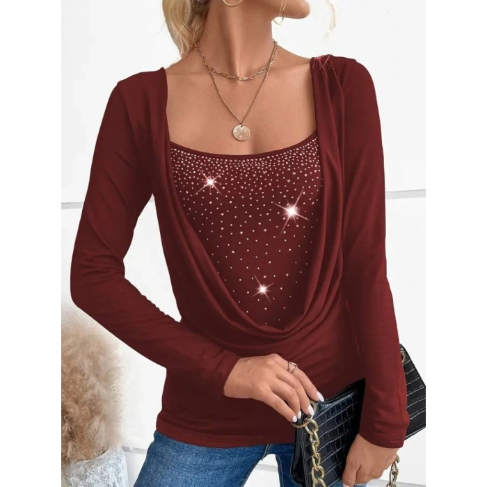 Kadın Uzun Kollu Derin Degaje Yakalı Taşlı Sandy Bluz