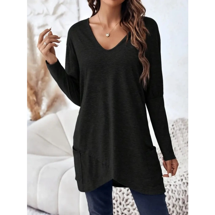 Kadın Uzun Kollu Derin V Yakalı Asimetrik Kesim Cepli Detay Yün Viskon Iki Iplik Bluz