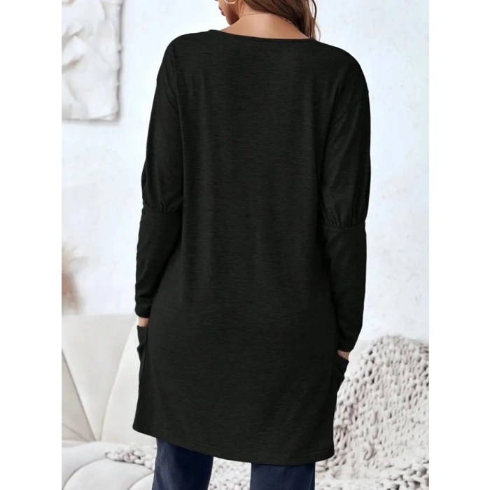 Kadın Uzun Kollu Derin V Yakalı Asimetrik Kesim Cepli Detay Yün Viskon Iki Iplik Bluz