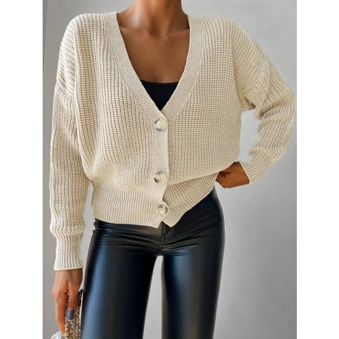 Kadın Uzun Kollu Düğme Detay Triko Bluz