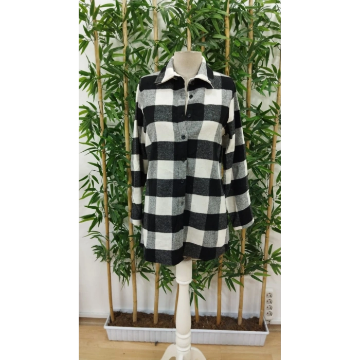 Kadın Uzun Kollu Ekoseli önden Düğmeli Dokuma Uzun Gömlek