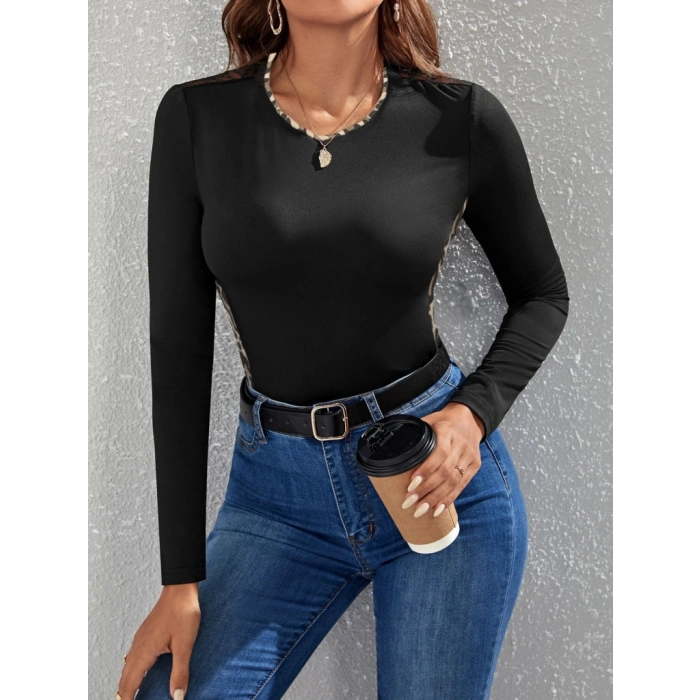 Kadın Uzun Kollu eopar şeritli Viskon Bluz