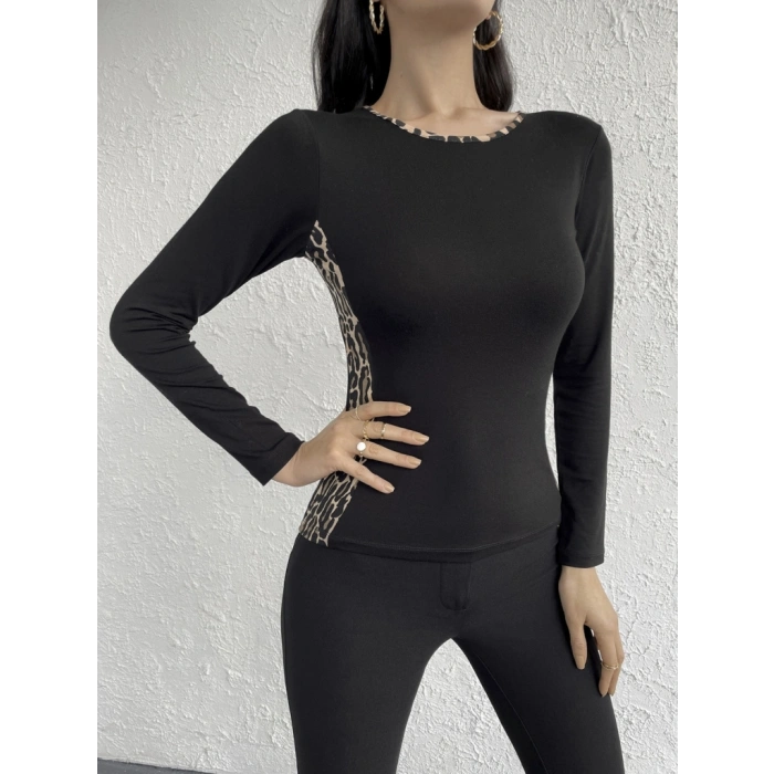 Kadın Uzun Kollu eopar şeritli Viskon Bluz