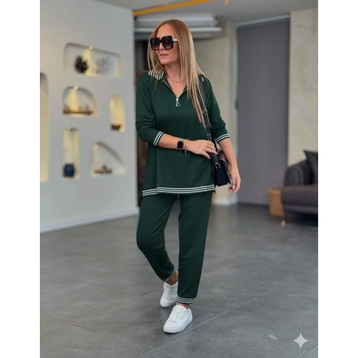 Kadın Uzun Kollu Fermuarlı şerit Detay Desenli Alt üst Ikili Viskon Iki Iplik Takım