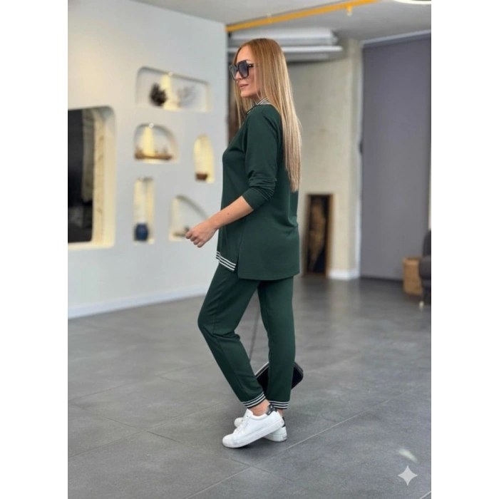 Kadın Uzun Kollu Fermuarlı şerit Detay Desenli Alt üst Ikili Viskon Iki Iplik Takım