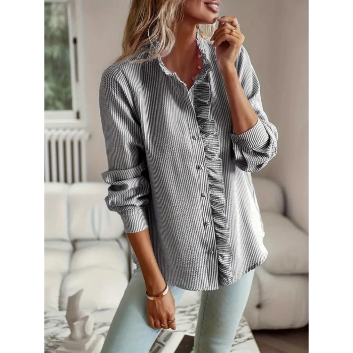 Kadın Uzun Kollu Fırfır Yakalı önden Düğmeli çizgili Burgu Gömlek