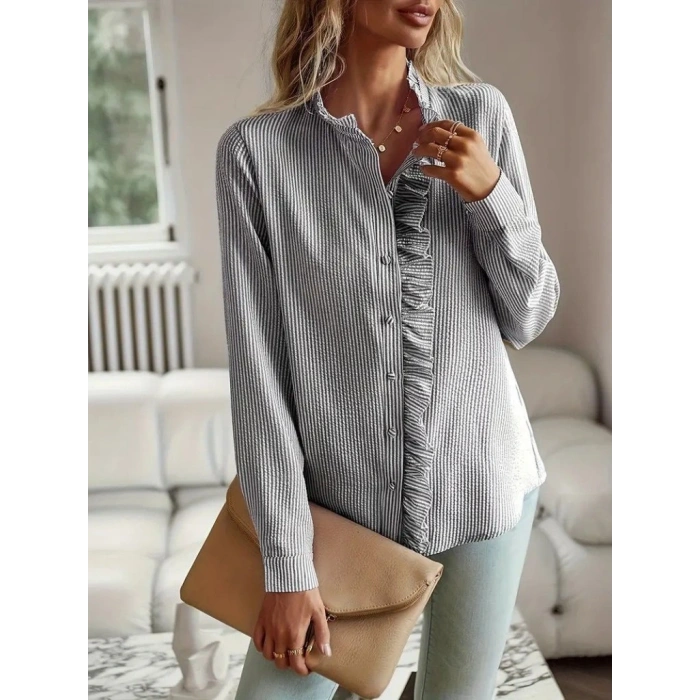 Kadın Uzun Kollu Fırfır Yakalı önden Düğmeli çizgili Burgu Gömlek