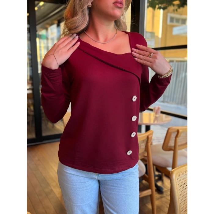 Kadın Uzun Kollu Geometrik Yaka Detay Yandan Düğmeli Viskon Iki Iplik Bluz