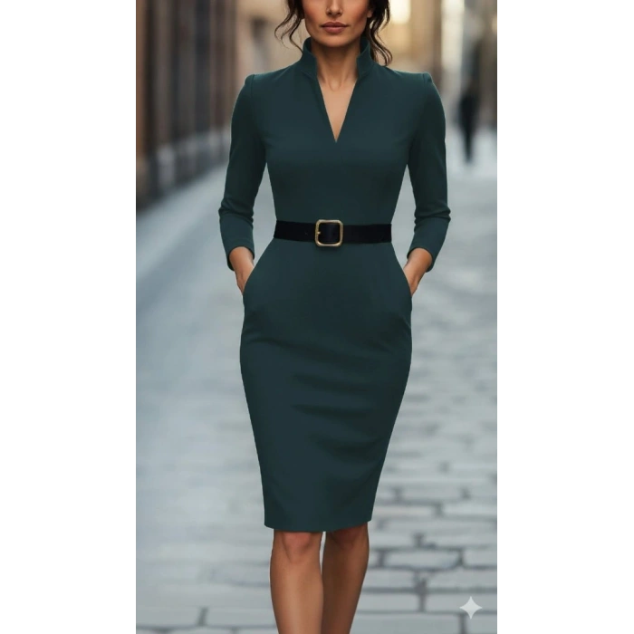 Kadın Uzun Kollu Hakim Yaka Beli Kemerli Cepli Midi Ithal Krep Elbise