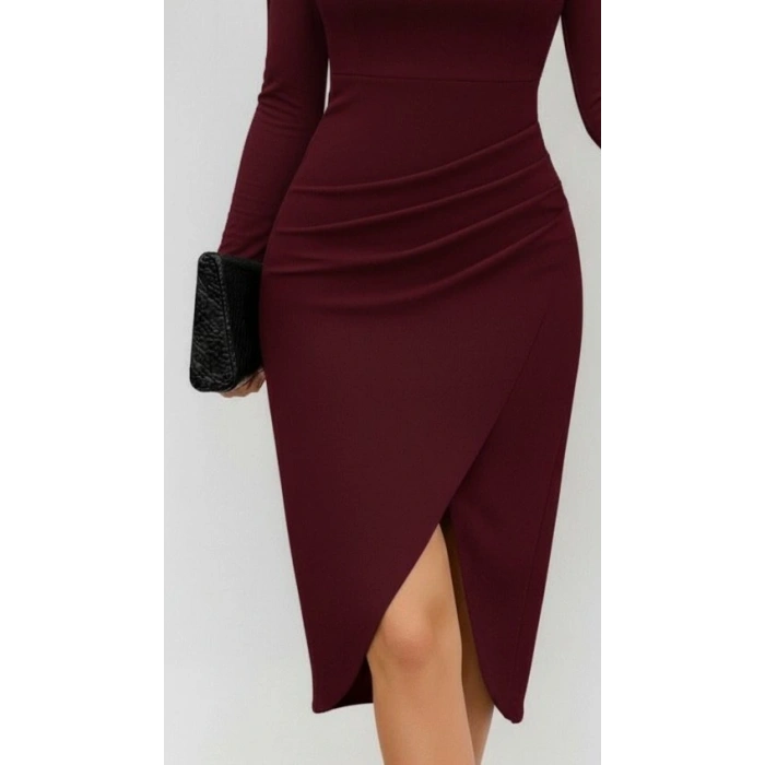 Kadın Uzun Kollu Kalp Yaka önden çapraz Detaylı Midi Ithal Krep Elbise