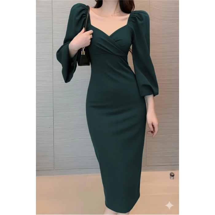 Kadın Uzun Kollu Kalp Yakalı Midi Ithal Krep Elbise