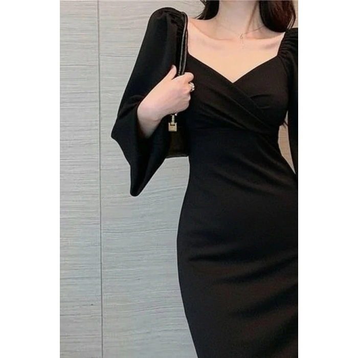 Kadın Uzun Kollu Kalp Yakalı Midi Ithal Krep Elbise