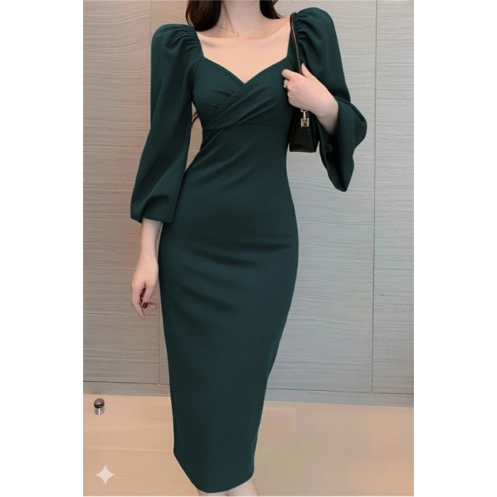 Kadın Uzun Kollu Kalp Yakalı Midi Ithal Krep Elbise