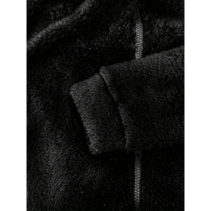 Kadın Uzun Kollu Kapişon Ve Fermuar Detaylı Peluş şort Tulum