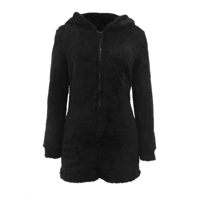 Kadın Uzun Kollu Kapişon Ve Fermuar Detaylı Peluş şort Tulum