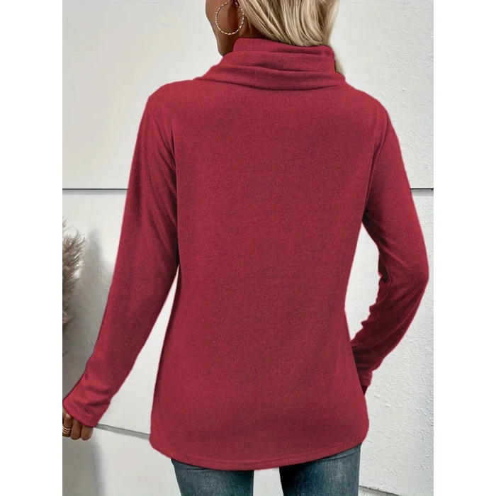 Kadın Uzun Kollu Kapişon Yaka Düğmeli Yumoş Bluz