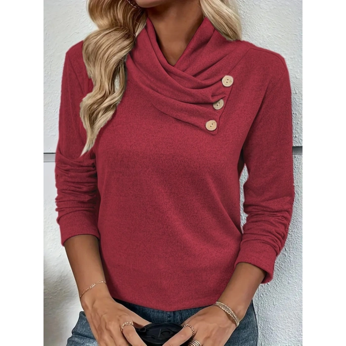 Kadın Uzun Kollu Kapişon Yaka Düğmeli Yumoş Bluz