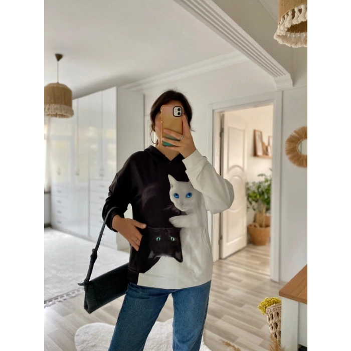 Kadın Uzun Kollu Kapşonlu Bağcıklı Kedi Desenli şardonlu Dalgıç Bluz