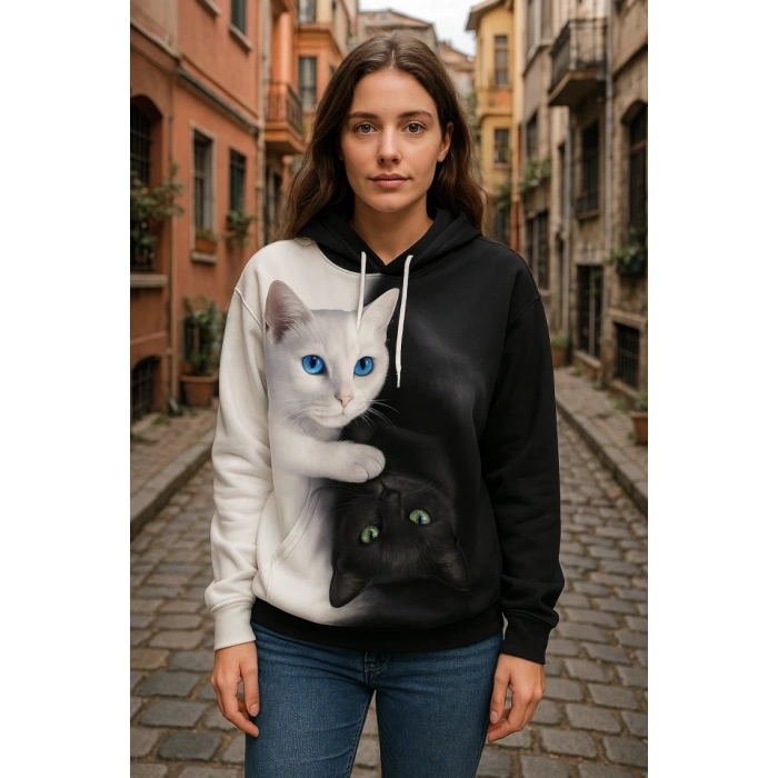 Kadın Uzun Kollu Kapşonlu Bağcıklı Kedi Desenli şardonlu Dalgıç Bluz