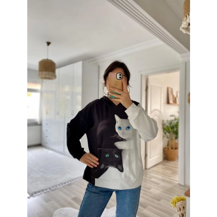 Kadın Uzun Kollu Kapşonlu Bağcıklı Kedi Desenli şardonlu Dalgıç Bluz