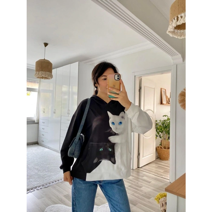 Kadın Uzun Kollu Kapşonlu Bağcıklı Kedi Desenli şardonlu Dalgıç Bluz